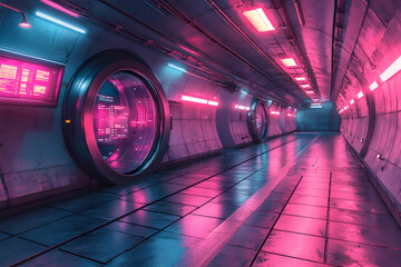 A futuristic tunnel with glowing pink and blue neon lights. Circular doors with digital displays line the walls. Ideal for sci-fi or cyberpunk settings.