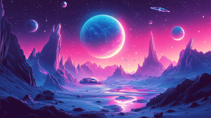 Obraz premium Futuristic Alien Planet Landscape Pink Purple Mountains Glowing River Spaceship