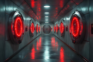 A dimly lit metallic corridor with red glowing circular vault doors evokes a sense of mystery and futuristic technology. Ideal for sci-fi, thriller, or game backgrounds.