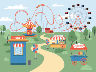 Amusement park landscape. Roller coaster, city with carousels and attractions, entertainment for children and adults, vector illustration