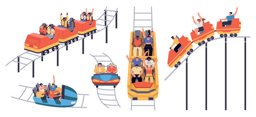 People on roller coaster. Happy men and women riding in trailers on rails, extreme rides, entertainment park, cartoon characters, vector set