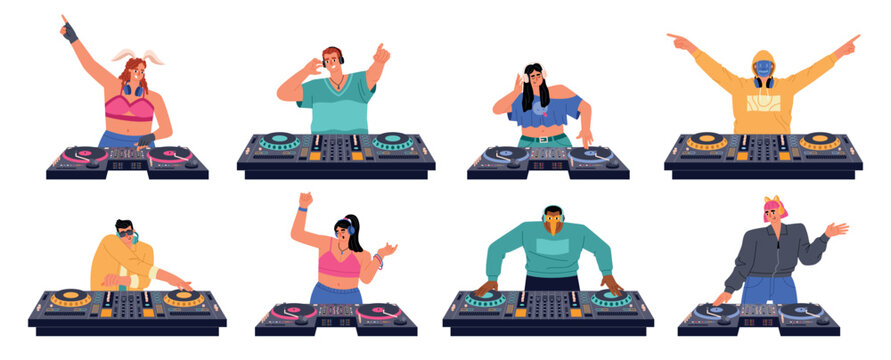 Djs characters. Party people with mixers, turntables, equalizers, nightclub music, girls and guys with headphones, discotheque, vector set