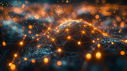 Abstract network of glowing interconnected nodes and lines. Ideal for visualizing technology, data flow, or scientific concepts. Use as a background for presentations or websites.