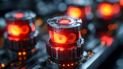 Close-up of intricate mechanical devices with glowing red lights. Ideal for sci-fi, technology, or industrial themes.  Perfect for website banners, backgrounds, or concept art.