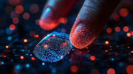 Fingers interact with a glowing blue fingerprint on a dark digital network. This image evokes cybersecurity, biometric authentication, and data protection.