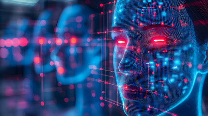 A futuristic wireframe face glows with red and blue light. Ideal for cybersecurity, AI, and metaverse projects. Represents digital identity and facial recognition technology.