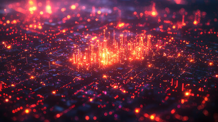 A futuristic cityscape glows with vibrant red lights at night. Ideal for cyberpunk or sci-fi projects as backgrounds or overlays.