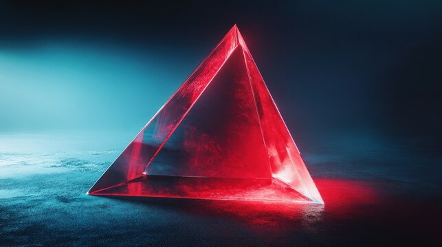 A glowing red geometric triangular pyramid on dark background