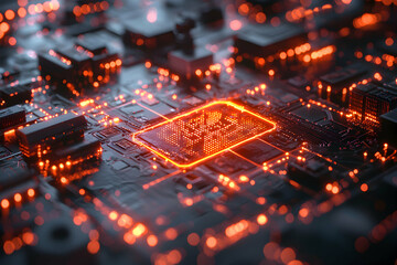 A close-up of a futuristic circuit board glowing with intense orange light. Ideal for technology presentations, websites, or sci-fi projects.