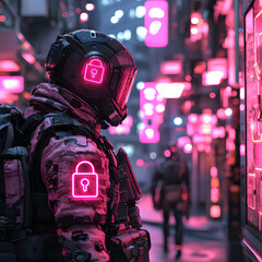 A futuristic soldier with glowing lock icons patrols a neon-lit cityscape. This image evokes themes of cybersecurity, data protection, and digital surveillance in a cyberpunk setting. Ideal for album 