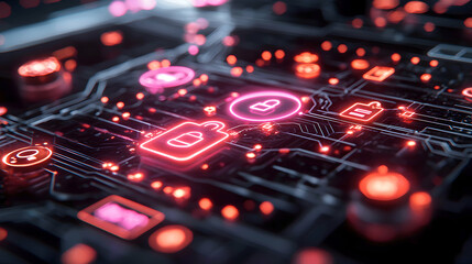 Neon pink cybersecurity icons glow on a dark circuit board. Ideal for visualizing digital security, data protection, or online privacy.