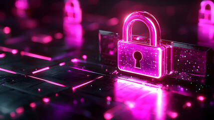 A vibrant neon pink padlock symbolizes digital security. Ideal for cybersecurity, data protection, or privacy-focused applications.  Use this visually striking image for websites, presentations, or so