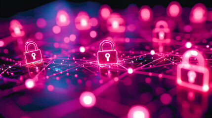 Pink and blue neon padlocks interconnected by glowing lines symbolize cybersecurity and network protection. Ideal for tech websites, presentations, or cybersecurity awareness campaigns.