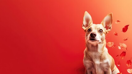 Cute Chihuahua Puppy Looking Up with Autumn Leaves on Red Background