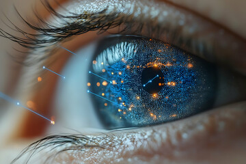 Close-up of an eye with a digital overlay suggesting augmented reality or futuristic vision enhancement. Ideal for technology websites or articles about vision and innovation.