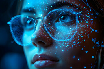 Close-up of a person's face with glasses and blue lights projected onto their skin. This image could be used for futuristic or technological themes.