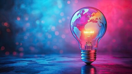 Illuminated World in Lightbulb Shining on Colorful Abstract Surface