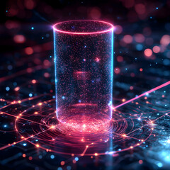 A vibrant neon cylinder emits radiant light onto a network of interconnected nodes. Ideal for showcasing futuristic technology or data visualization.