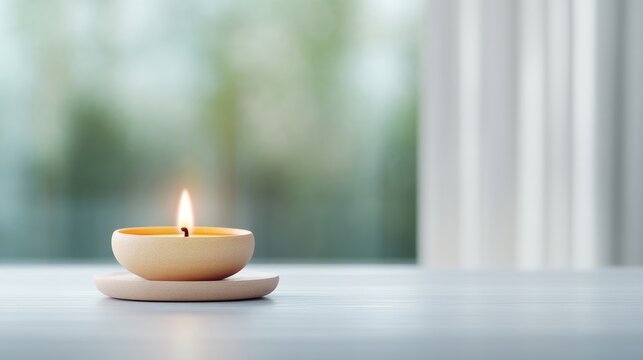 Calm candle on a table by a window