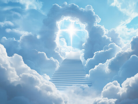 Stairs leading to heaven in the clouds with cross-shaped light, sky background, heavenly gate, and stairs with white clouds on a blue sky backgrou