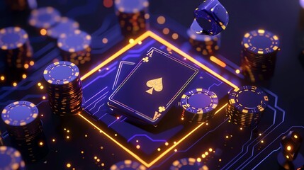 Playing Cards and Casino Chips on Circuit Board with Neon Lights