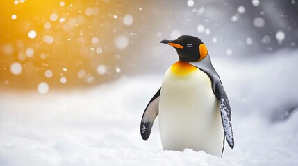 Fototapeta premium King Penguin Standing in Snowfall with Soft Golden Light Background