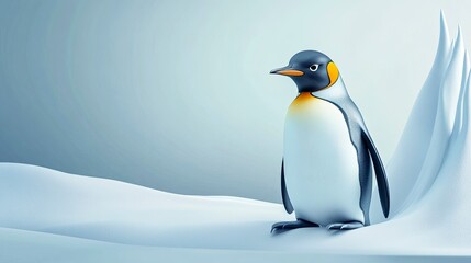 Fototapeta premium Penguin Standing on Snow Illustration in a Minimalist Winter Landscape