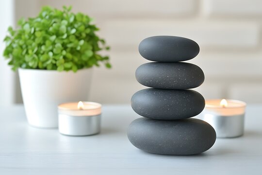 A calming stack of stones next to a plant and candles - Powered by Adobe