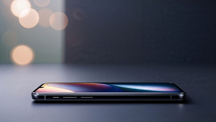 Smartphone resting on a surface with a blurred background reflecting soft bokeh lights in a modern indoor setting