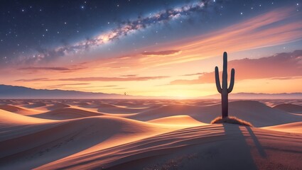 Desert Sunset with Cactus Silhouette: A serene desert landscape, featuring a solitary cactus silhouetted against a stunning sunset.