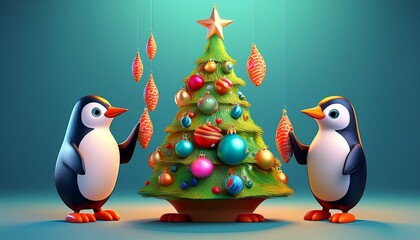 Obraz premium a playful group of penguins decorating a Christmas tree. Fun, festive winter scene full of joy, ornaments, and holiday magic in a snowy setting.