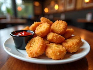 Ultra Realistic Chicken Nuggets and Red Sauce on a Blurred Restaurant Table.