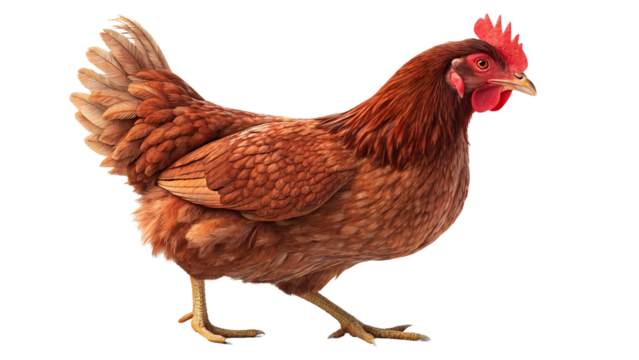 ,Funny Brown Hen – Close-Up of a Farm Chicken on a White Background,Full body of brown chicken hen standing isolated transparent background