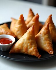 Hyper Detailed Fried Samosas with Rich Red Sauce on a Clean Table.