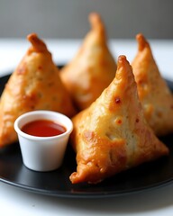 Golden Brown Samosas on a Black Plate with Red Tomato Sauce.