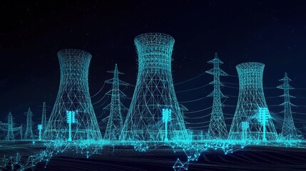 Futuristic Low Poly Nuclear Power Plant Emitting Blue Glowing Energy Waves Against Dark Background, Modern Technology Theme with Cyan Shades, Electrical Lines and Towers