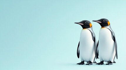 Naklejka premium Two Emperor Penguins Standing Against a Light Blue Studio Backdrop