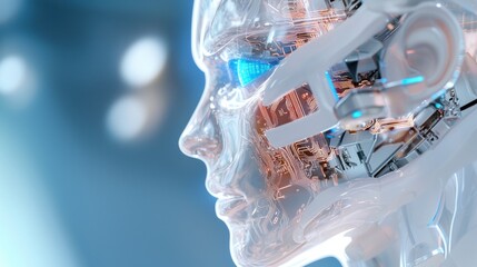 A futuristic humanoid AI with a transparent skull, glowing circuits inside, deep blue eyes scanning data streams, cyberpunk aesthetic