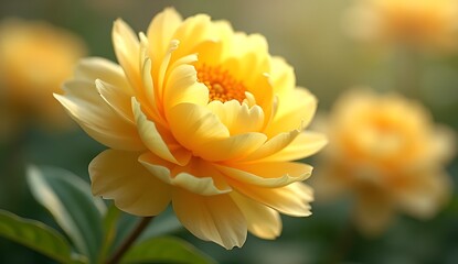 Detailed Yellow Peony Flower with Soft Creamy Undertones in a Garden.