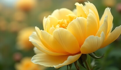 Ultra Realistic Yellow Peony Close Up with Soft Out of Focus Flowers.
