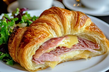 Croissant Sandwich (France) A flaky butter croissant sliced open and filled with ham, Swiss cheese