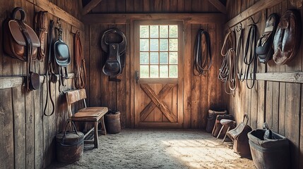 Rustic tack room with saddles, bridles, and other equestrian gear
