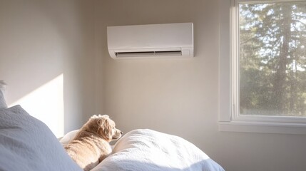 Cozy Indoor Scene with a Dog Relaxing on a Bed with Air conditioner Near a Window with Natural Light and an Air Conditioning Unit in a Serene Room