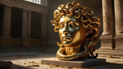 n intricate gold Medusa head sculpture placed on a pedestal in an abandoned Roman palace, lit by faint golden sunlight streaming through broken windows,Generative Ai
