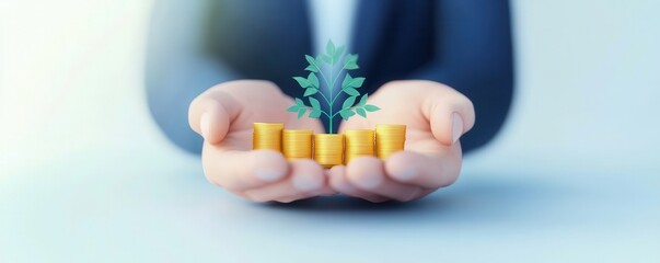 Obraz premium Hands Holding Money Coins with Growing Plant Symbolizing Wealth