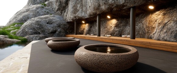 Serene Stone Bowls in Rock Enclosure a Tranquil Sanctuary Landscape Meditation and Well Being