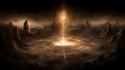 An ethereal light beam rising from a circular stone platform