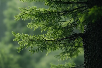 Obraz premium Lush green pine branches glistening in the gentle morning light amidst a tranquil forest