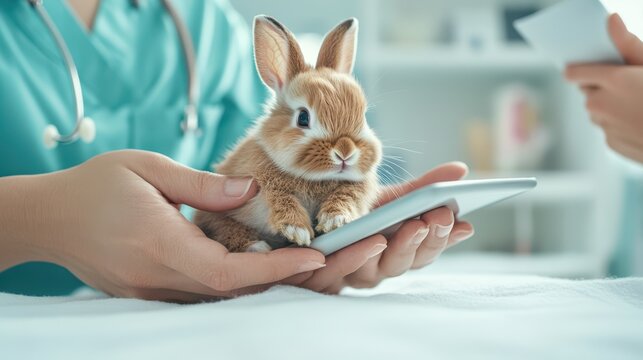 Veterinary Exam of Baby Rabbit - Health Check, Gentle Care, Hydration Assessment, Digital Records - Powered by Adobe