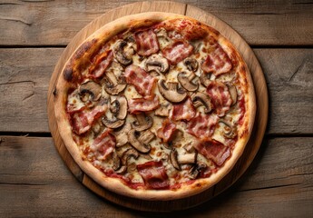 Delicious freshly baked pizza topped with bacon and mushrooms on a wooden serving board against a rustic wooden background